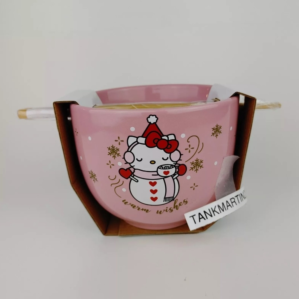 Hello Kitty Christmas Pink Ramen Noodle Bowl W/ Chopsticks  And Spoon New